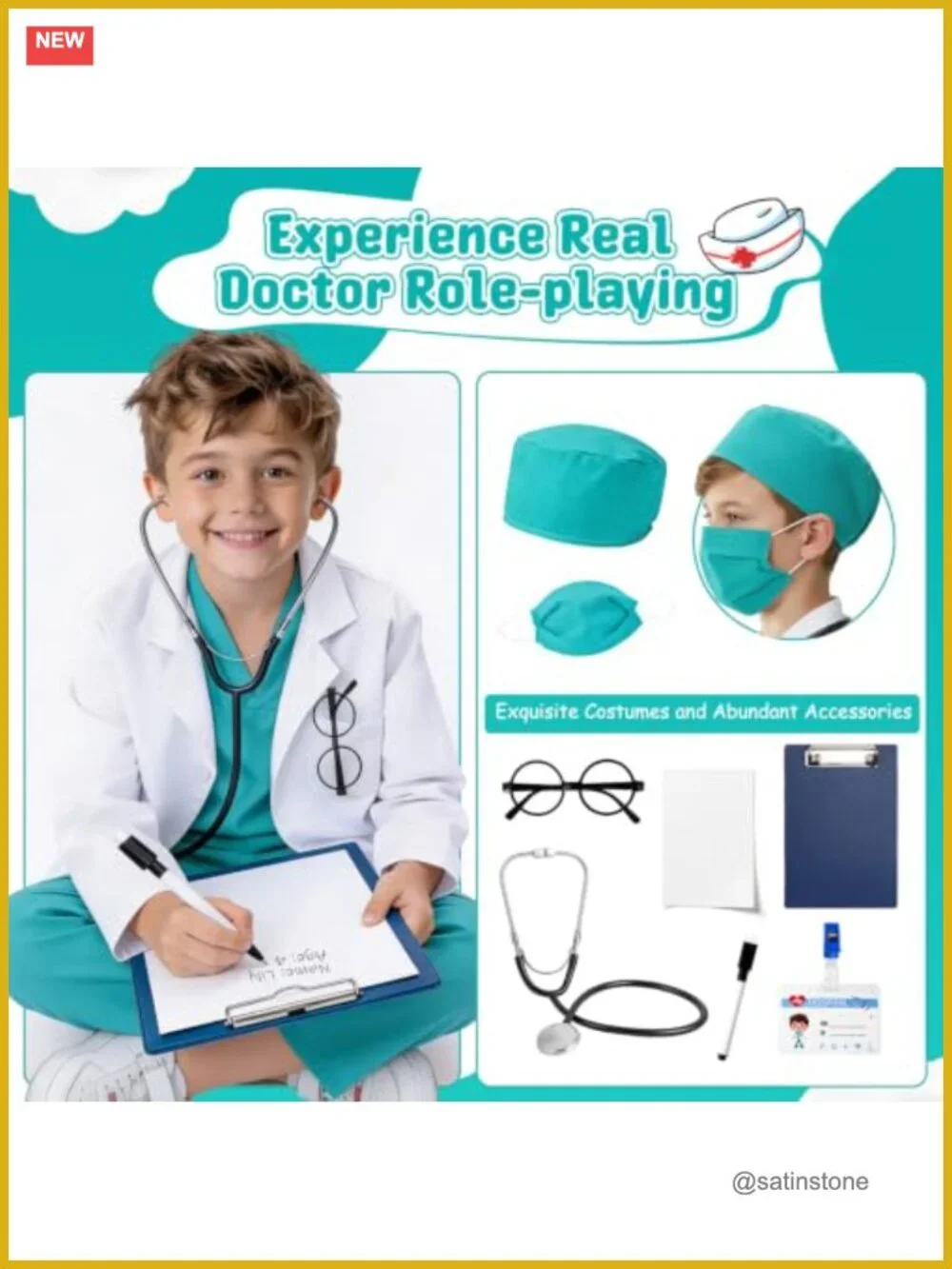 Kids Doctor Costume 10pc Pretend Play Nurse Set with Lab Coat Stethoscope